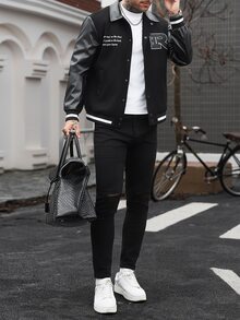 Manfinity CasualCool Men's Solid Colour Patchwork Front Button Long Sleeve Letter Print Casual Baseball Jacket,Teamjacket - Black - View 5