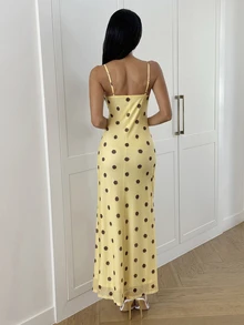 Aloruh 女款法式波點印花百褶細肩帶洋裝，度假黃色洋裝，生日洋裝，仙女風鄉村洋裝，上班通勤休閒日常穿搭 - 淡黃色 - 查看 3