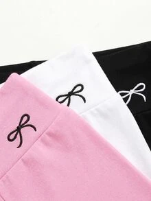 SHEIN Girlism 3pcs/Pack Tween Girls Spring Summer Casual Versatile All-Match Minimalist Comfortable High Elastic High Waist Exquisite Bow Embroidery Leggings Riding Pants, Black, Dark Grey, Light Grey, Tween Girl - Pink - View 3