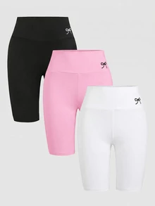 SHEIN Girlism 3pcs/Pack Tween Girls Spring Summer Casual Versatile All-Match Minimalist Comfortable High Elastic High Waist Exquisite Bow Embroidery Leggings Riding Pants, Black, Dark Grey, Light Grey, Tween Girl - Pink - View 1