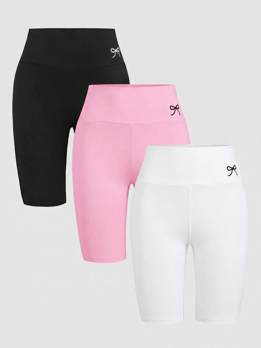 SHEIN Girlism 3pcs/Pack Tween Girls Spring Summer Casual Versatile All-Match Minimalist Comfortable High Elastic High Waist Exquisite Bow Embroidery Leggings Riding Pants, Black, Dark Grey, Light Grey, Tween Girl - Pink - View 1