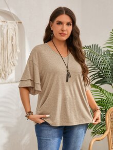 Rosumi Plus Size Women Solid Color Casual Loose V-Neck Ruffle Short Sleeve T-Shirt - Volcanic Gray - View 2