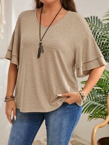 Rosumi Plus Size Women Solid Color Casual Loose V-Neck Ruffle Short Sleeve T-Shirt - Volcanic Gray - View 5
