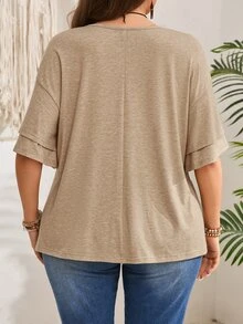 Rosumi Plus Size Women Solid Color Casual Loose V-Neck Ruffle Short Sleeve T-Shirt - Volcanic Gray - View 3