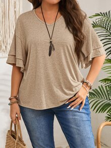 Rosumi Plus Size Women Solid Color Casual Loose V-Neck Ruffle Short Sleeve T-Shirt - Volcanic Gray - View 7