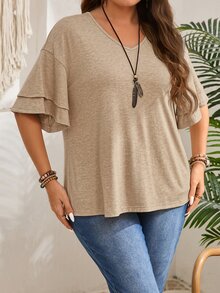 Rosumi Plus Size Women Solid Color Casual Loose V-Neck Ruffle Short Sleeve T-Shirt - Volcanic Gray - View 6