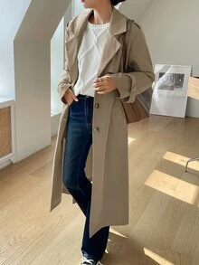 DAZY Business Casual Double-Breasted Trench Coat - Khaki - View 5