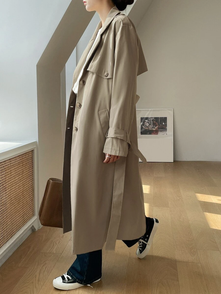 DAZY Business Casual Double-Breasted Trench Coat - Khaki - View 1