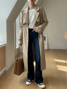 DAZY Business Casual Double-Breasted Trench Coat - Khaki - View 4