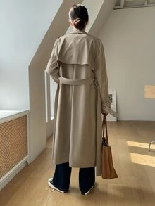 DAZY Business Casual Double-Breasted Trench Coat - Khaki - View 2