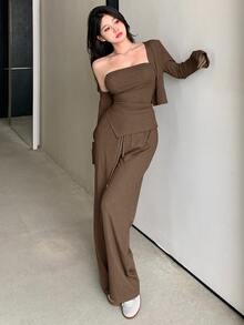 DAZY 3pcs/Set Women Solid Color Fitted Outfit Fall/Winter - Brown - View 3