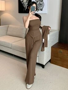 DAZY 3pcs/Set Women Solid Color Fitted Outfit Fall/Winter - Brown - View 5