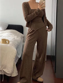 DAZY 3pcs/Set Women Solid Color Fitted Outfit Fall/Winter - Brown - View 7