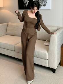 DAZY 3pcs/Set Women Solid Color Fitted Outfit Fall/Winter - Brown - View 2