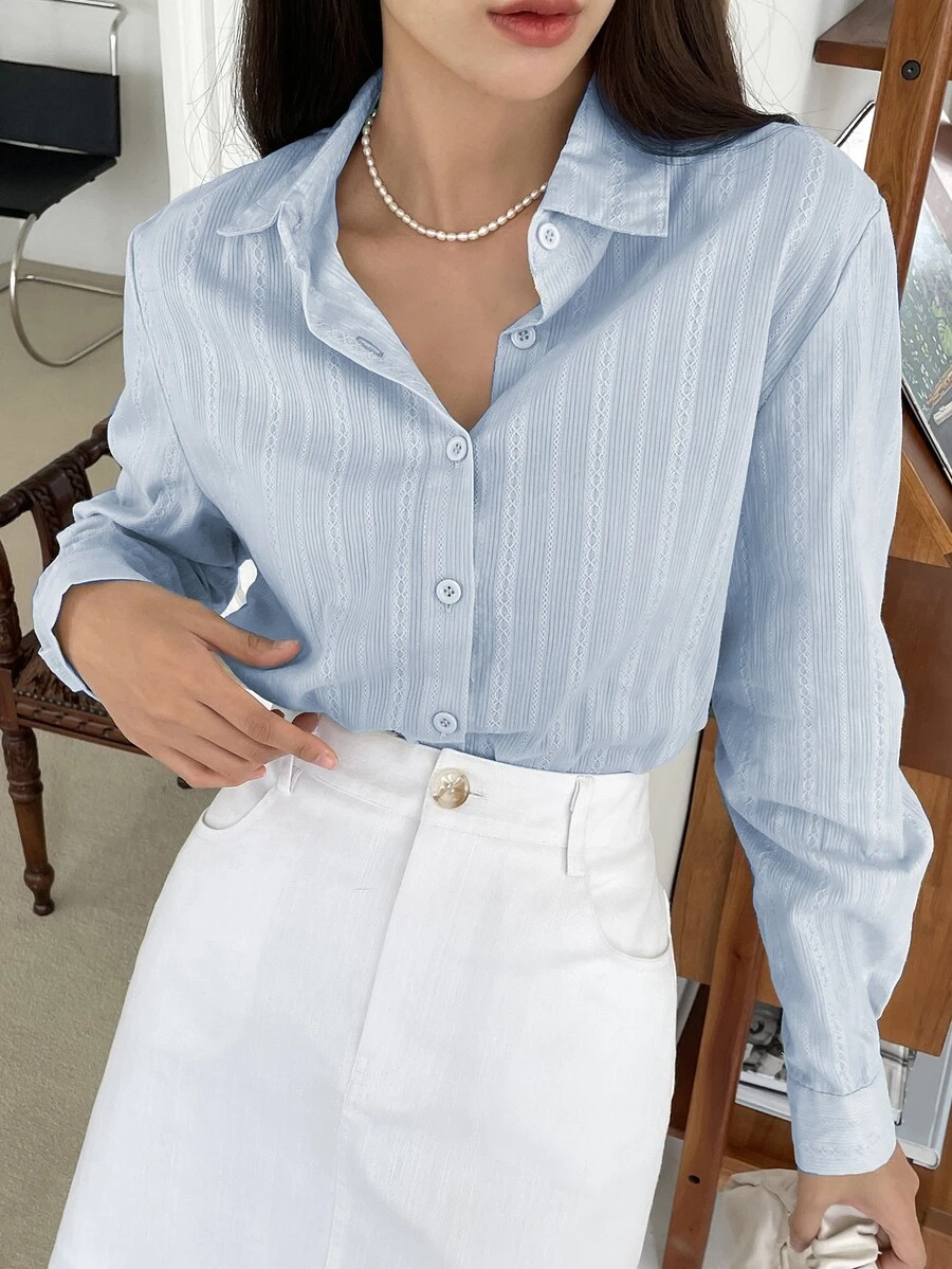 DAZY Women's Plain Loose Turndown Collar Long Sleeve Textured Shirt, Blouse,Fall Clothes - Blue - View 1
