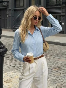 DAZY Women's Plain Loose Turndown Collar Long Sleeve Textured Shirt, Blouse,Fall Clothes - Blue - View 6
