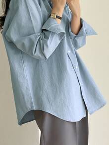 DAZY Solid Button Through Shirt,Long Sleeve Tops,Fall Clothes - Blue - View 9