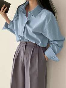 DAZY Solid Button Through Shirt,Long Sleeve Tops,Fall Clothes - Blue - View 3