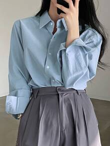 DAZY Solid Button Through Shirt,Long Sleeve Tops,Fall Clothes - Blue - View 6
