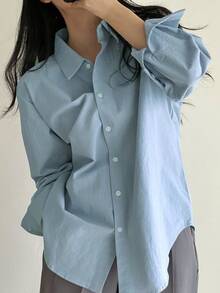 DAZY Solid Button Through Shirt,Long Sleeve Tops,Fall Clothes - Blue - View 2