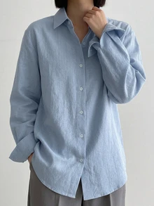 DAZY Solid Button Through Shirt,Long Sleeve Tops,Fall Clothes - Blue - View 11