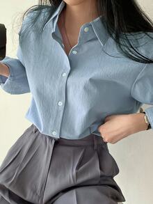 DAZY Solid Button Through Shirt,Long Sleeve Tops,Fall Clothes - Blue - View 8