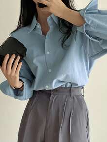 DAZY Solid Button Through Shirt,Long Sleeve Tops,Fall Clothes - Blue - View 4