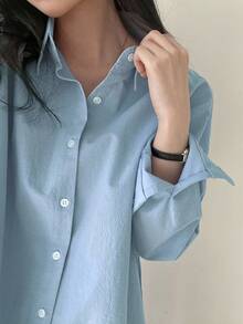 DAZY Solid Button Through Shirt,Long Sleeve Tops,Fall Clothes - Blue - View 5