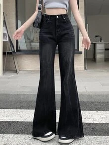 DAZY Ladies Fashionable Long Flared Leg Jeans Cute Tops - Black - View 1