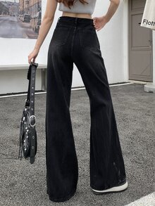 DAZY Ladies Fashionable Long Flared Leg Jeans Cute Tops - Black - View 5