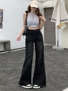 DAZY Ladies Fashionable Long Flared Leg Jeans Cute Tops - Black - View 2