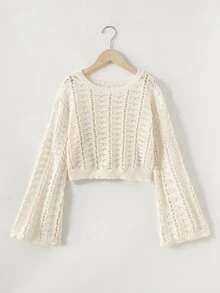 SHEIN 青少年女孩純色簡約鏤空圓領套頭秋季連帽衛衣 - 杏色 - 查看 7