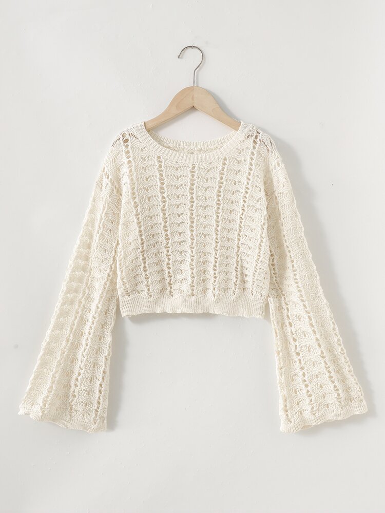 SHEIN Tween Girl Solid Color Simple Hollow Out Round Neck Pullover Autumn Hoodie - Apricot - View 7