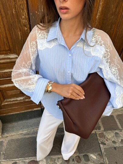 Siren Gaze Women's Elegant Commute Lace Patchwork Striped Blouse