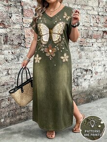 EMERY ROSE Spring Women's Plus Size Short Sleeve Contrast Color Floral Print Dress - Multicolor - View 7