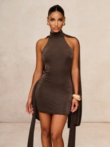 Lumalex Women's Solid Color Ruffle Hem Fitted Mini Dress Summer Sleeveless Night Out Golf Pastal Elegant Sexy Graduation Clothing - Coffee - View 8