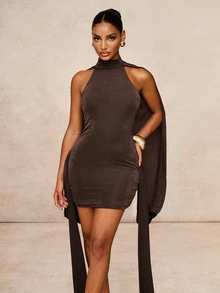Lumalex Women's Solid Color Ruffle Hem Fitted Mini Dress Summer Sleeveless Night Out Golf Pastal Elegant Sexy Graduation Clothing - Coffee - View 5