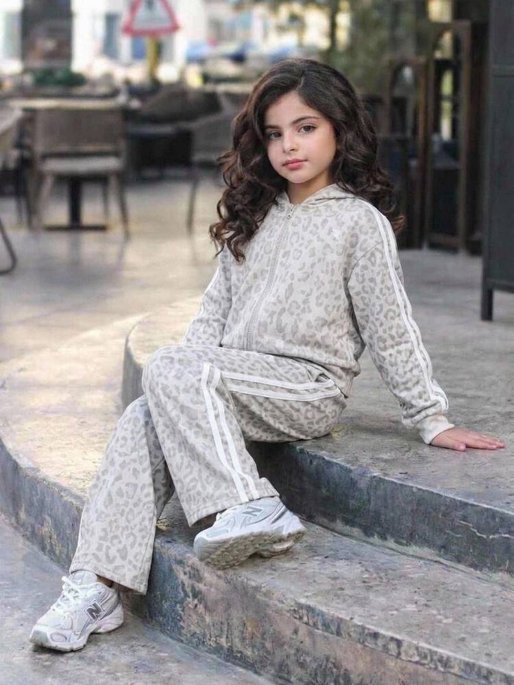 Young Girl Young Girl Kids Casual Daily Versatile Comfortable Leopard Print 2 Pieces Set, Autumn/Winter/All Season Wear - Black and White - View 2