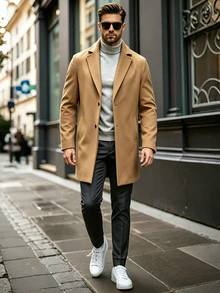 Manfinity CasualCool 男士純色鈕扣式長袖黑色大衣，秋冬款 - 卡其色 - 查看 8
