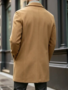 Manfinity CasualCool 男士純色鈕扣式長袖黑色大衣，秋冬款 - 卡其色 - 查看 2