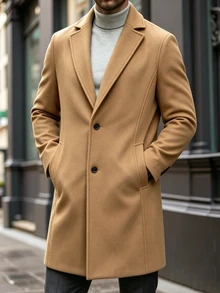 Manfinity CasualCool 男士純色鈕扣式長袖黑色大衣，秋冬款 - 卡其色 - 查看 5