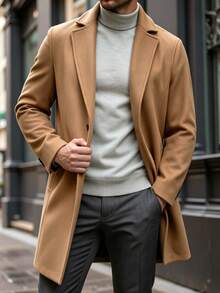 Manfinity CasualCool 男士純色鈕扣式長袖黑色大衣，秋冬款 - 卡其色 - 查看 7