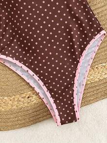 Swim Mod Brown Polka Dot Halter One-Piece Swimsuit,Retro Vintage Criss-Cross Backless,Adjustable Straps,Flattering Fit For Cute Summer Beach Holiday,Pool - Multicolor - View 5
