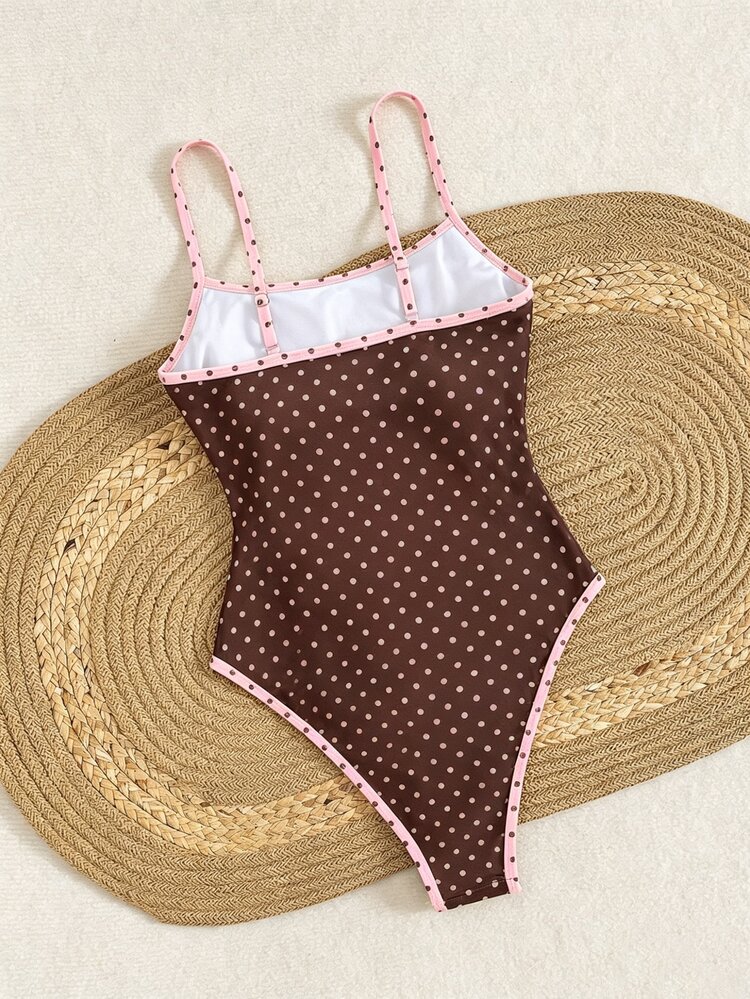Swim Mod Brown Polka Dot Halter One-Piece Swimsuit,Retro Vintage Criss-Cross Backless,Adjustable Straps,Flattering Fit For Cute Summer Beach Holiday,Pool - Multicolor - View 2