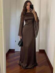 Aloruh 女款優雅方領收腰緞面棕色洋裝，適合派對與假日，純色長袖簡約通勤辦公工作秋季洋裝 - 咖啡棕 - 查看 8