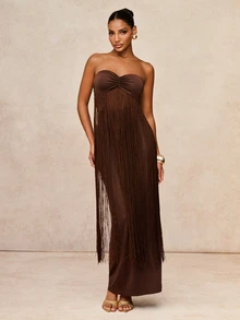 Lumalex Shades Of Brown Summer Elegant Sexy Night Out Strapless Maxi Dress,Ruched Sweetheart Bandeau Bust Fringe Overlay Bodycon Column Side Slit Prom Dress - Coffee Brown - View 9