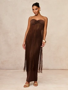 Lumalex Shades Of Brown Summer Elegant Sexy Night Out Strapless Maxi Dress,Ruched Sweetheart Bandeau Bust Fringe Overlay Bodycon Column Side Slit Prom Dress - Coffee Brown - View 6