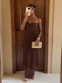 Lumalex Shades Of Brown Summer Elegant Sexy Night Out Strapless Maxi Dress,Ruched Sweetheart Bandeau Bust Fringe Overlay Bodycon Column Side Slit Prom Dress - Coffee Brown - View 8