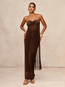 Lumalex Shades Of Brown Summer Elegant Sexy Night Out Strapless Maxi Dress,Ruched Sweetheart Bandeau Bust Fringe Overlay Bodycon Column Side Slit Prom Dress - Coffee Brown - View 3