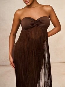 Lumalex Shades Of Brown Summer Elegant Sexy Night Out Strapless Maxi Dress,Ruched Sweetheart Bandeau Bust Fringe Overlay Bodycon Column Side Slit Prom Dress - Coffee Brown - View 7